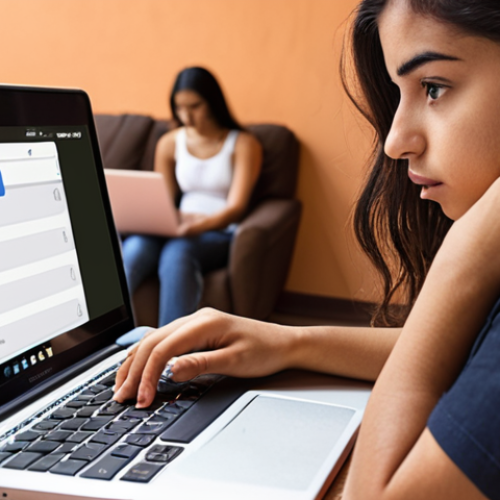 **Image Prompt:** A young Latina woman is thoughtfully using a laptop, but with subtle visual cues indicating she's taking precautions. Show a blurred background with people carelessly using their devices. The focus is on her secure password creation (maybe a password manager interface subtly visible) and awareness, with a soft, warm color palette suggesting mindfulness. Emphasis on secure digital habits.