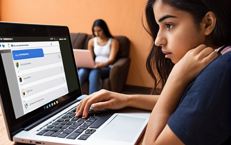 **Image Prompt:** A young Latina woman is thoughtfully using a laptop, but with subtle visual cues indicating she's taking precautions. Show a blurred background with people carelessly using their devices. The focus is on her secure password creation (maybe a password manager interface subtly visible) and awareness, with a soft, warm color palette suggesting mindfulness. Emphasis on secure digital habits.