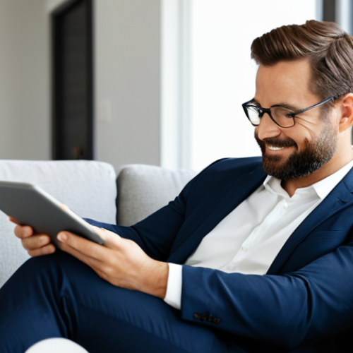 A serene professional adult, fully clothed in modest business casual attire, sitting comfortably on a modern sofa in a well-lit, contemporary living room. They are holding a tablet, looking at the screen with a gentle, positive expression, conveying a sense of genuine digital connection and well-being. The scene has soft natural light, warm tones, professional photography, high resolution, perfect anatomy, correct proportions, natural pose, well-formed hands, proper finger count, natural body proportions, safe for work, appropriate content, family-friendly.