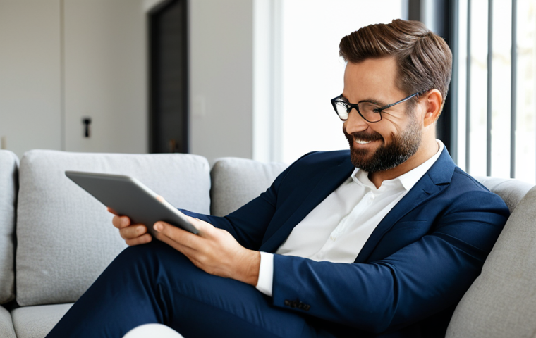 A serene professional adult, fully clothed in modest business casual attire, sitting comfortably on a modern sofa in a well-lit, contemporary living room. They are holding a tablet, looking at the screen with a gentle, positive expression, conveying a sense of genuine digital connection and well-being. The scene has soft natural light, warm tones, professional photography, high resolution, perfect anatomy, correct proportions, natural pose, well-formed hands, proper finger count, natural body proportions, safe for work, appropriate content, family-friendly.