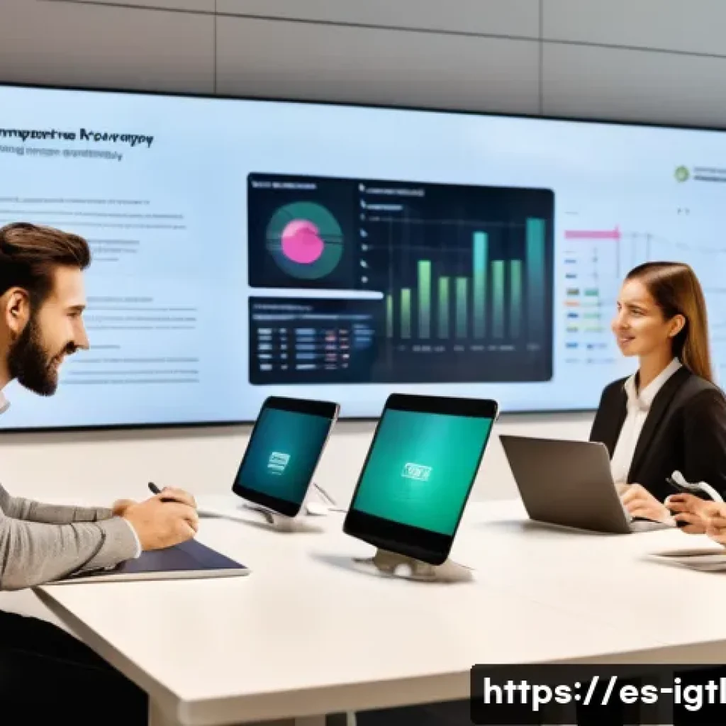 디지털 컴패니언십과 기업의 사회적 역할 - A modern corporate office setting in Spain, showcasing a diverse team of professionals engaging in a...