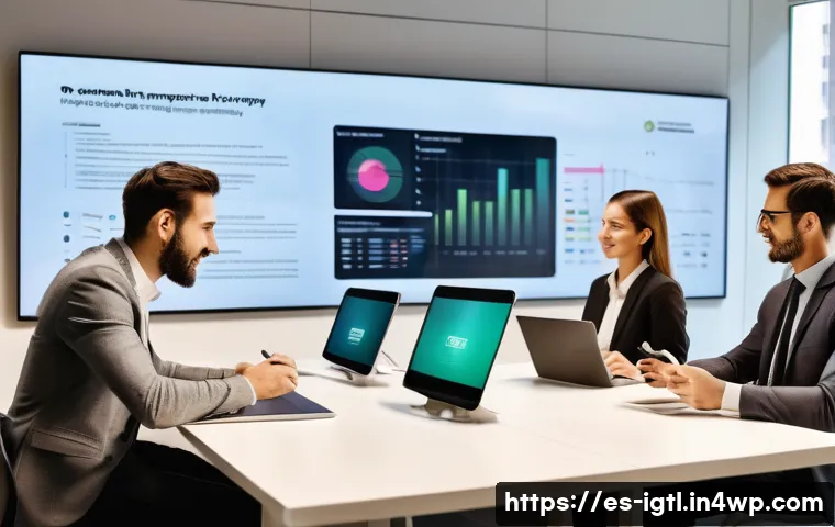 디지털 컴패니언십과 기업의 사회적 역할 - A modern corporate office setting in Spain, showcasing a diverse team of professionals engaging in a...
