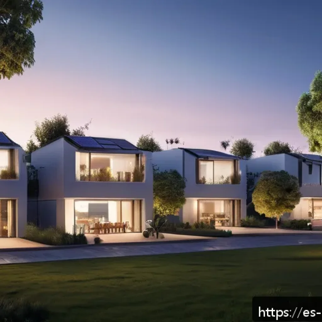 디지털 컴패니언십과 환경적 지속 가능성 - A modern Spanish urban neighborhood at dusk, showcasing smart energy management in residential build...