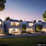 Home 20 디지털 컴패니언십과 환경적 지속 가능성 - A modern Spanish urban neighborhood at dusk, showcasing smart energy management in residential build...