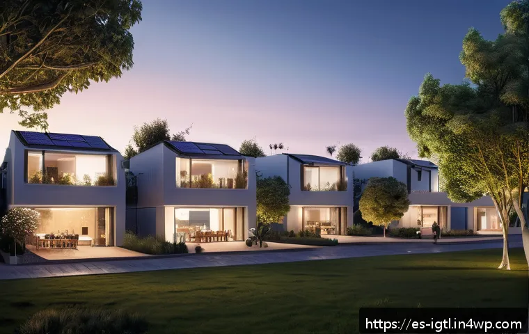 디지털 컴패니언십과 환경적 지속 가능성 - A modern Spanish urban neighborhood at dusk, showcasing smart energy management in residential build...