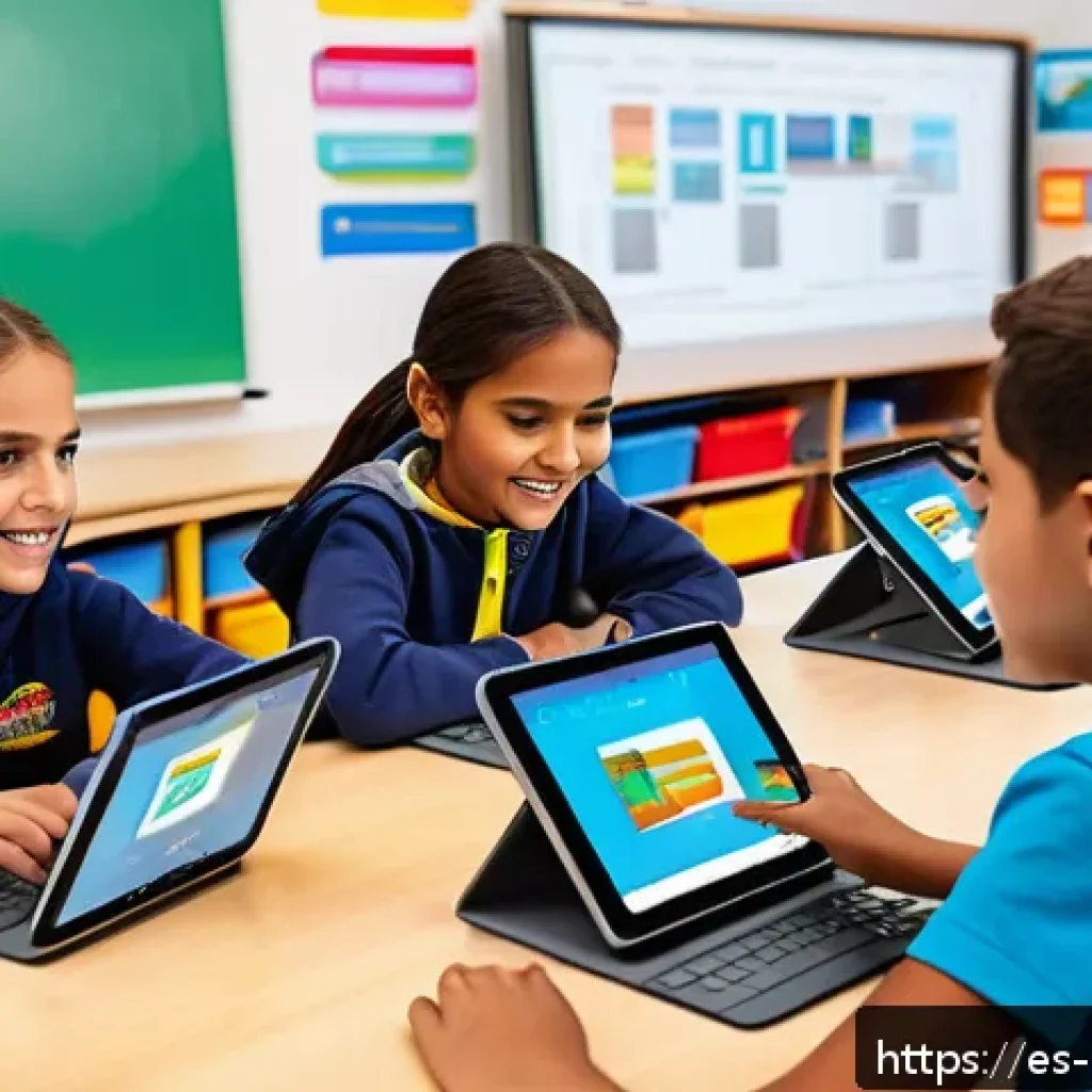 디지털 컴패니언십을 통한 교육 혁신 - A vibrant digital classroom scene in a modern Spanish school, showing diverse students of various ag...