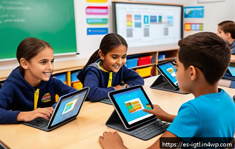 디지털 컴패니언십을 통한 교육 혁신 - A vibrant digital classroom scene in a modern Spanish school, showing diverse students of various ag...