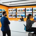 Home 23 디지털 컴패니언십의 브랜드 영향력 - A vibrant social media marketing scene featuring a diverse group of young Hispanic professionals col...